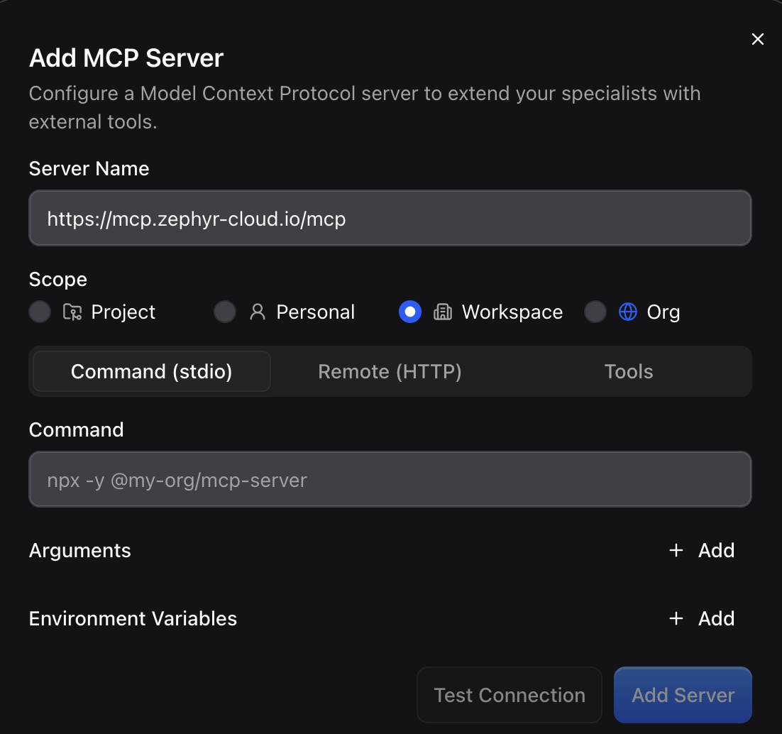 Tap Add MCP Server dialog